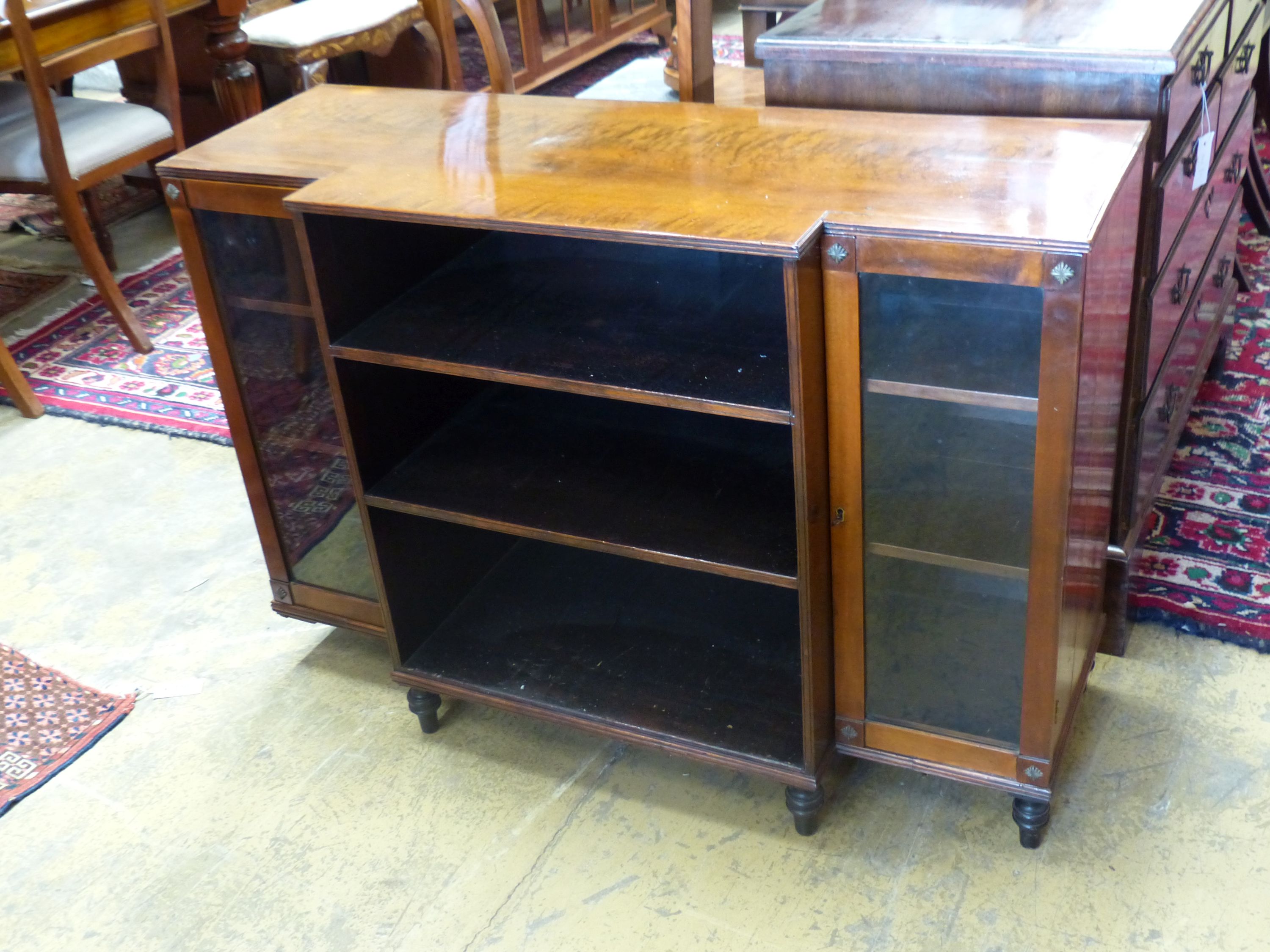 A Regency style mahogany and satinwood dwarf breakfront bookcase, width 112cm, depth 42cm, height 79cm